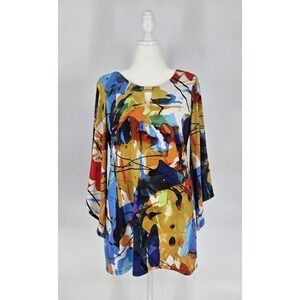 Melissa Paige Tunic Top Women L Multicolor Abstract Art Print Bell Sleeve Keyhol